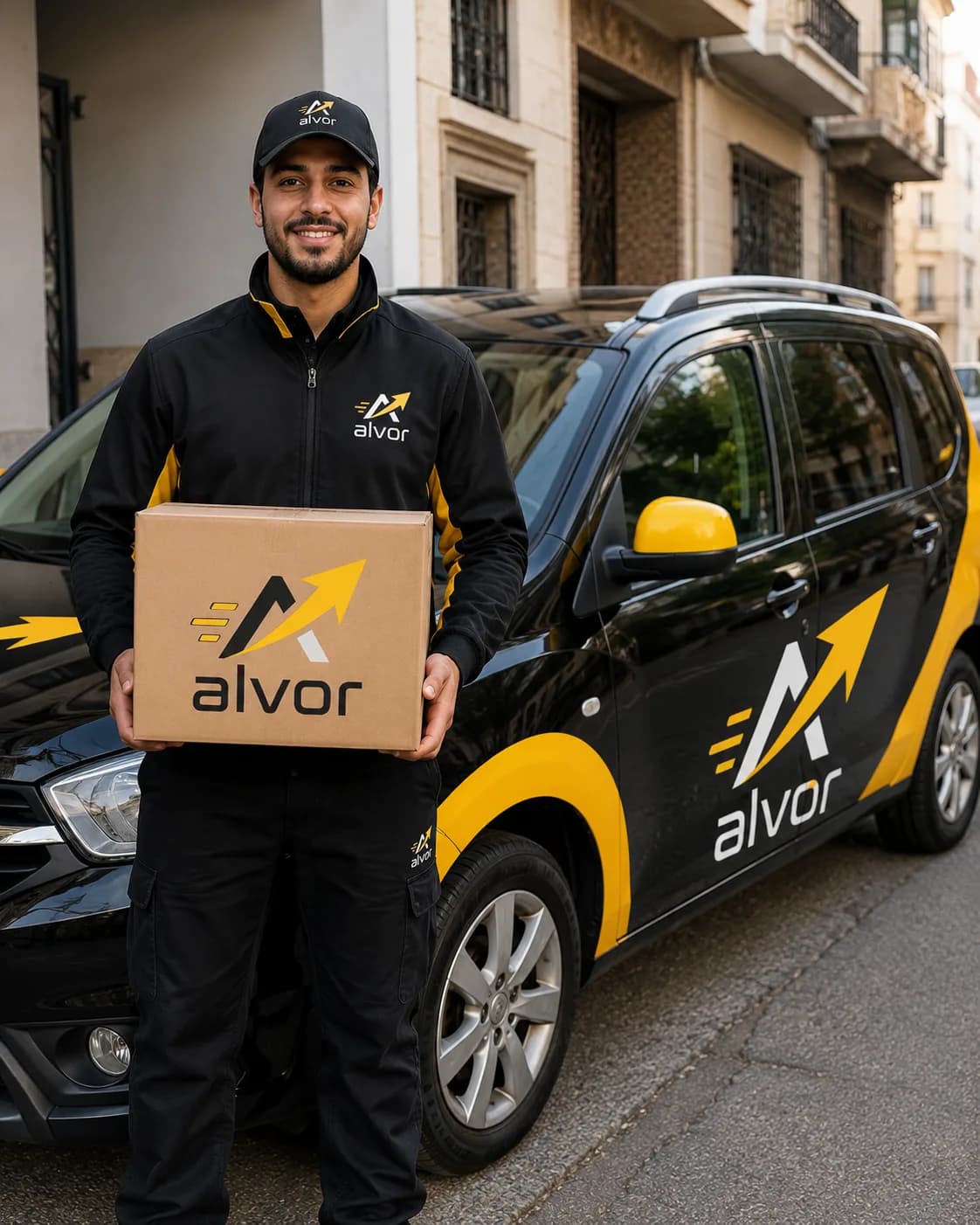 Livreur Alvor devant son véhicule