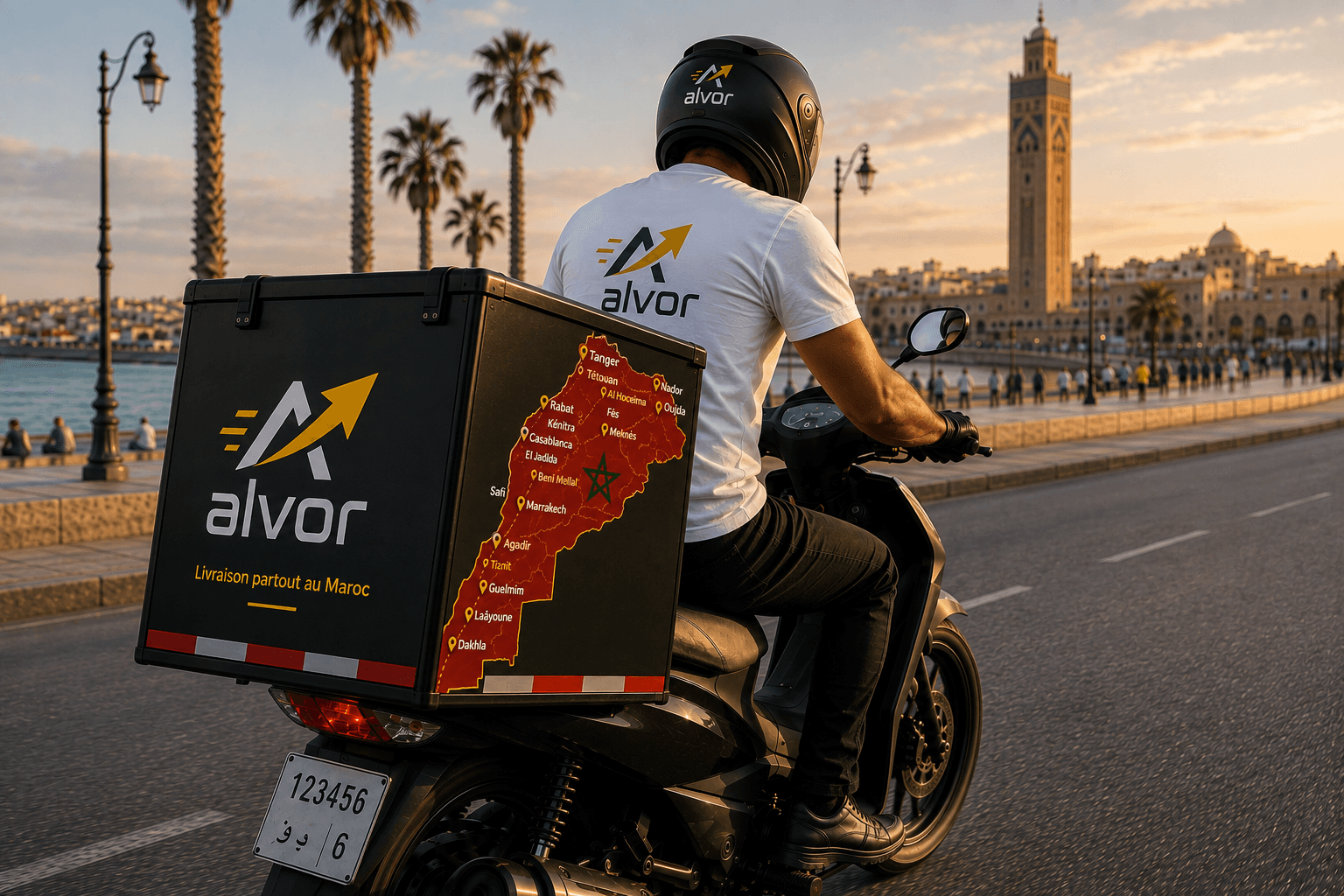 Livreur Alvor en scooter sur la corniche de Casablanca, top-case aux couleurs de la marque